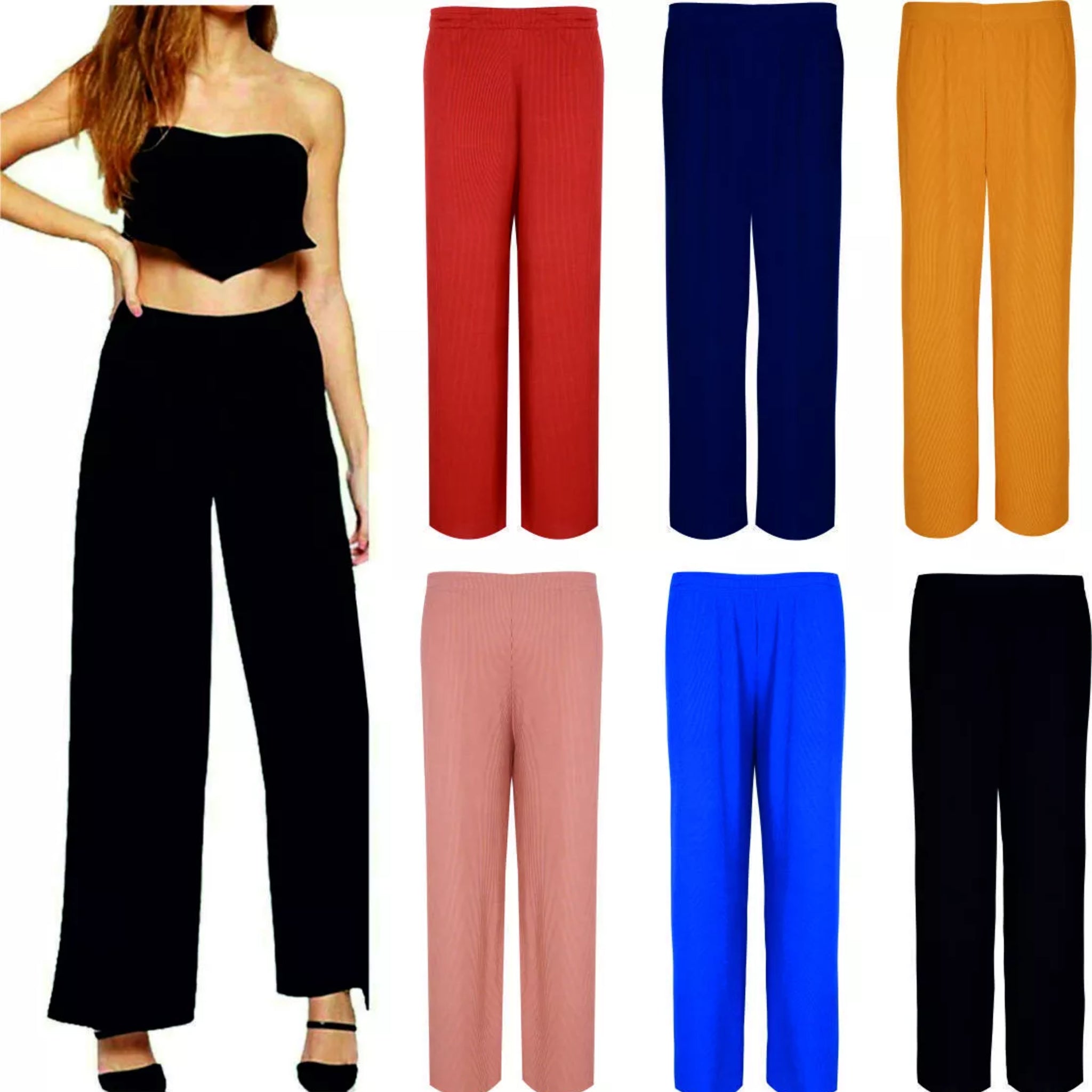 Women’s classic wide leg palazzo trousers in black, red, navy, mustard, blush pink, royal blue – lightweight casual and summer fashion pants.